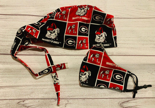 Custom Made Georgia Bull Dog Scrub Cap with matching mask